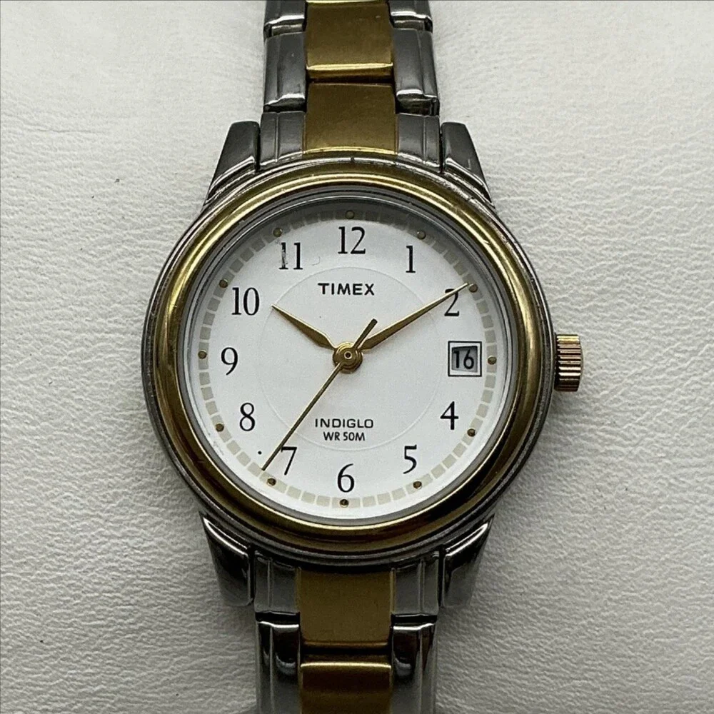 Timex Indiglo Womens Watch 27mm White Dial Two Tone Date New Battery 7.75